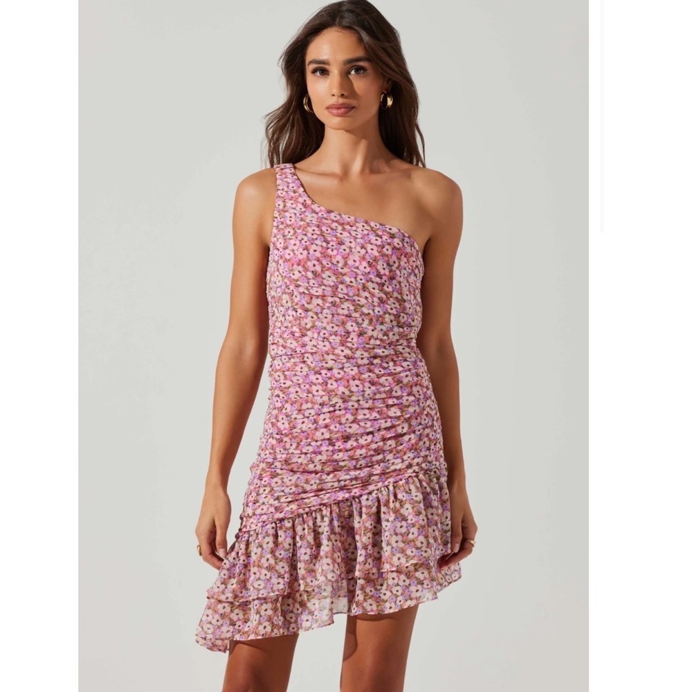ASTR the Label Pink Floral One Shoulder Ruched Mini Dress ACDR101743 Womens L